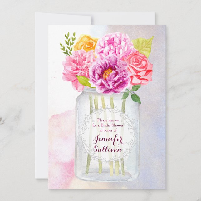 Invitación Watercolor Peonies Rosas Rústico Mason Jar Boda (Anverso)