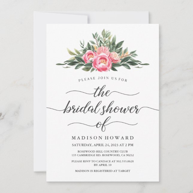 Invitación Watercolor Peony Bridal Shower (Anverso)