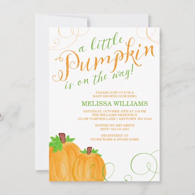 Invitación Watercolor Pequeña Calabaza Caída Baby Shower (Anverso)