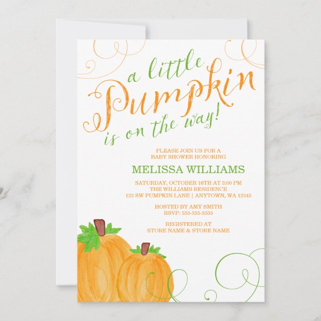 Invitación Watercolor Pequeña Calabaza Caída Baby Shower (Anverso)
