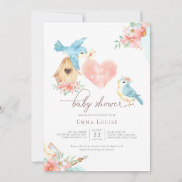 Invitación Watercolor Pequeñas Aves Chica Baby Shower