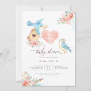 Invitación Watercolor Pequeñas Aves Chica Baby Shower