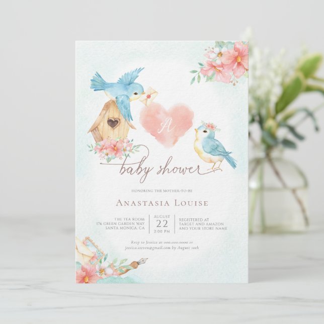 Invitación Watercolor Pequeñas Aves Chica Baby Shower (Anverso de pie)