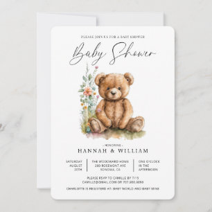 Invitación Watercolor Pequeño Oso de Teddy Flores Baby Shower
