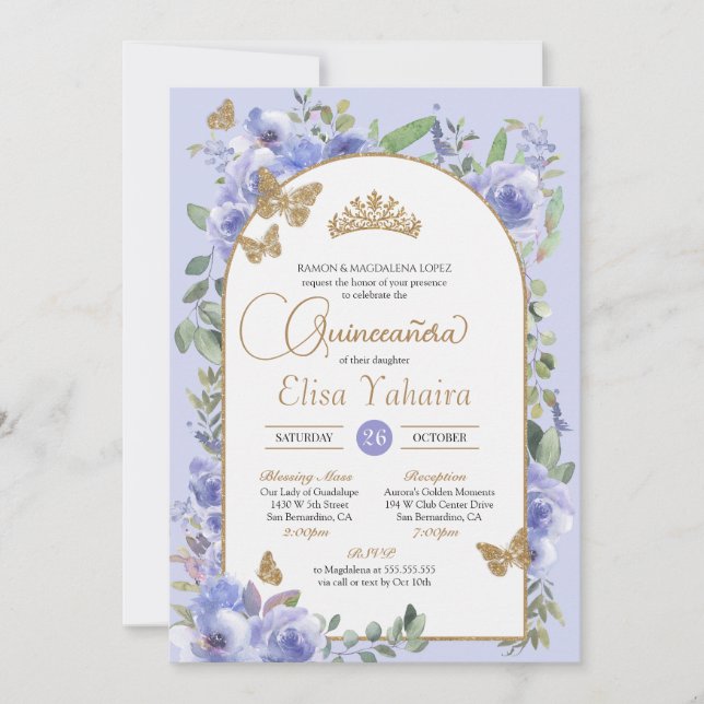 Invitación Watercolor Periwinkle Blue Butterfly Quinceañera (Anverso)