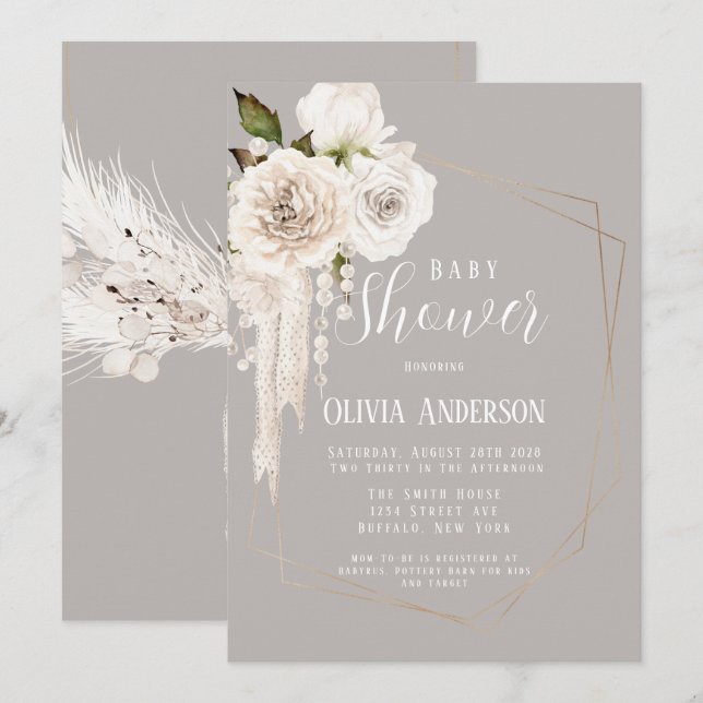 Invitación Watercolor Perlas neutrales y Baby Shower Floral (Anverso / Reverso)