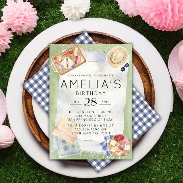 Invitación Watercolor Picnic Birthday Blue Gingham Fiesta (Subido por el creador)