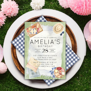 Invitación Watercolor Picnic Birthday Blue Gingham Fiesta