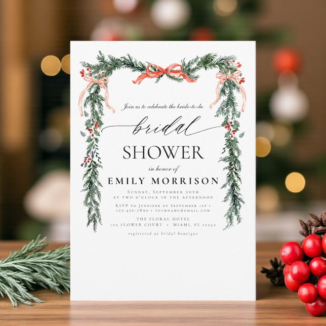 Invitación Watercolor Pine Bow Christmas Bridal Shower (Subido por el creador)