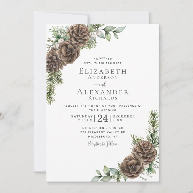 Invitación Watercolor Pine Cone Verdor Boda de Invierno (Anverso)