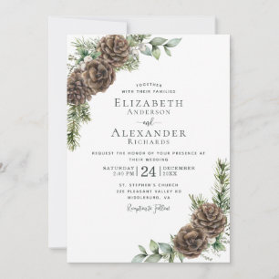 Invitación Watercolor Pine Cone Verdor Boda de Invierno