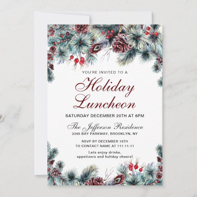 Invitación Watercolor Pine Cones Branch Holiday Luncheon (Anverso)