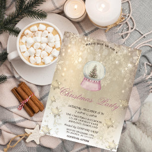 Invitación Watercolor Pine Tree Globe Snowflakes Gold