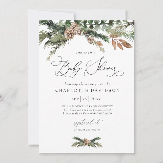 Invitación Watercolor Pine Winter Greenery Rustic Baby Shower (Anverso)