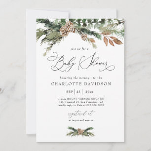 Invitación Watercolor Pine Winter Greenery Rustic Baby Shower