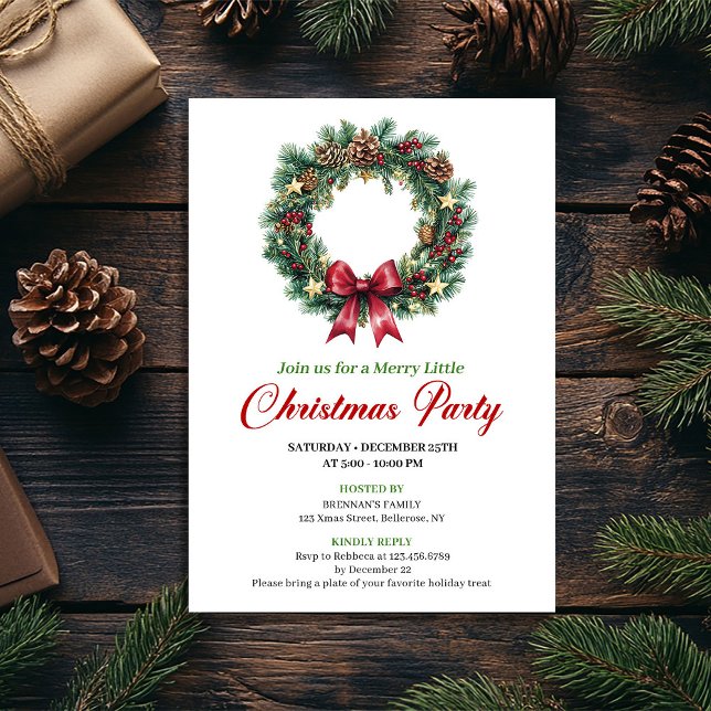 Invitación Watercolor Pine Wreath Christmas Party Card (Watercolor Pine Wreath Christmas Party Card)
