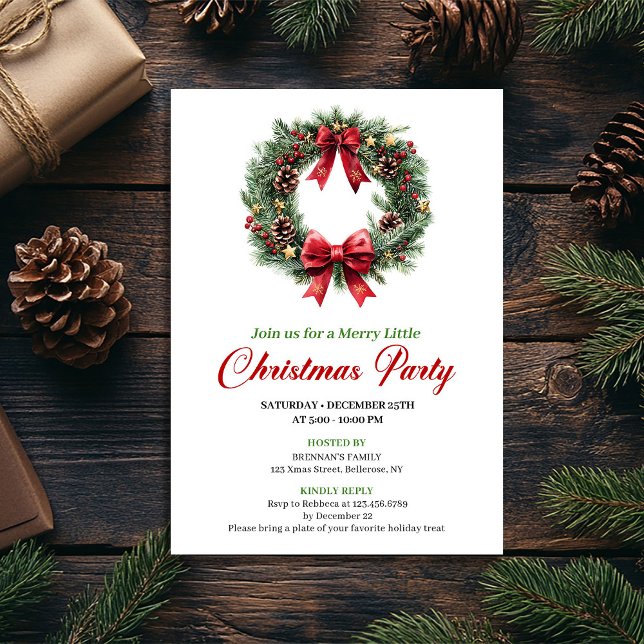 Invitación Watercolor Pine Wreath Red Green Party Invite (Watercolor Pine Wreath Red Green Party Invite)