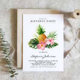 Invitación Watercolor Pineapple Hibiscus Tropical Birthday