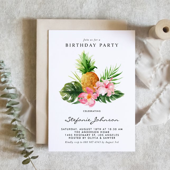 Invitación Watercolor Pineapple Hibiscus Tropical Birthday (Tropical birthday party invitation featuring watercolor pineapple, pink hibiscus and greenery. )