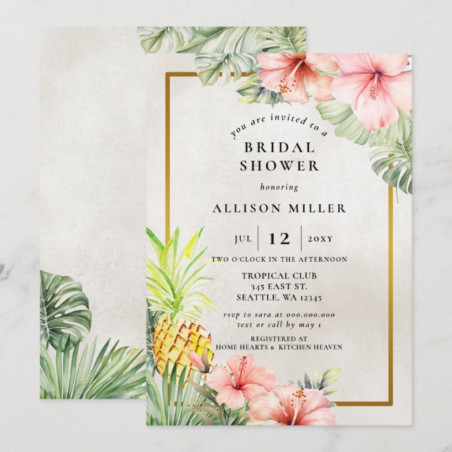 Invitación Watercolor Pineapple Tropical Bridal Shower (Anverso / Reverso)
