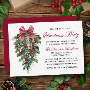 Invitación Watercolor Pines Berries Bow Fiesta de Navidades r