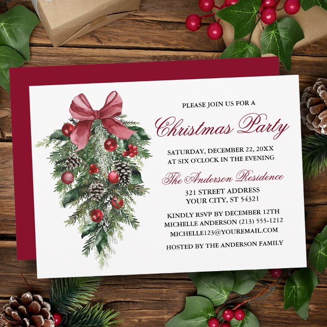 Invitación Watercolor Pines Berries Bow Fiesta de Navidades r (Customize to change text color, size, style or to change color of back of card.)