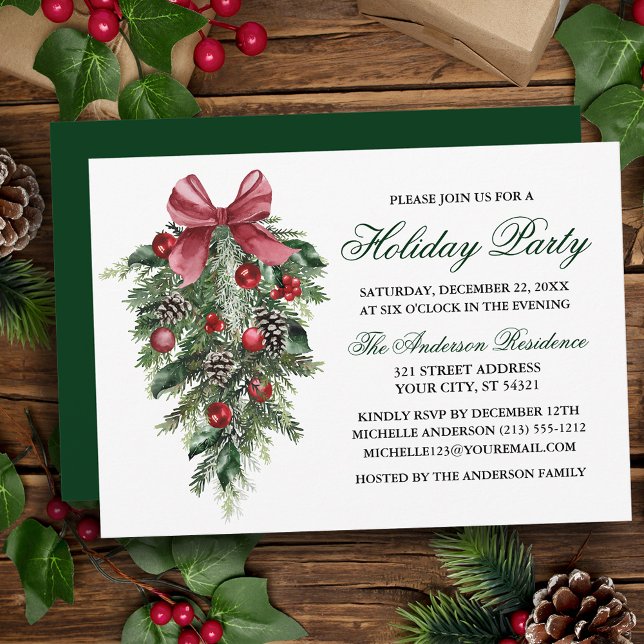 Invitación Watercolor Pines Berries Bow Green Holiday Party (Customize to change text color, size, style or to change color of back of card.)
