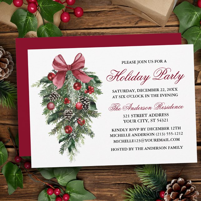 Invitación Watercolor Pines Berries Bow Red Holiday Party (Customize to change text color, size, style or to change color of back of card.)