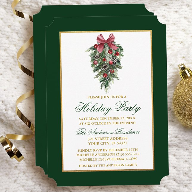 Invitación Watercolor Pines Calligraphy Gold Holiday Party (Customize to change text color, size, style.)