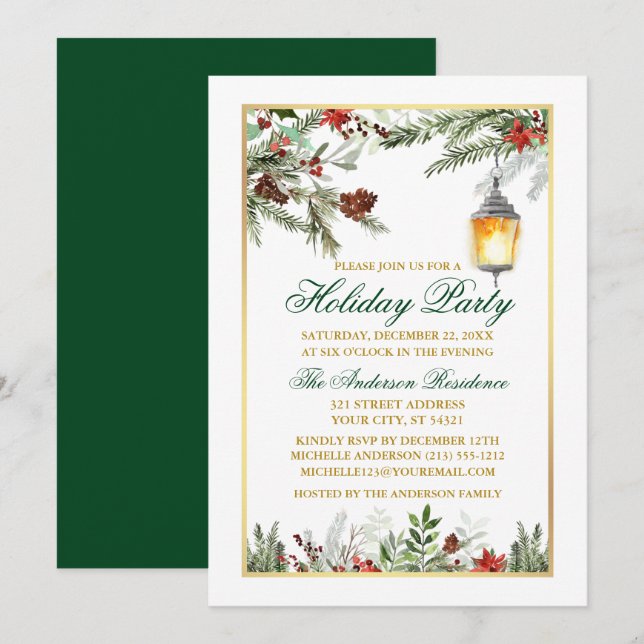 Invitación Watercolor Pines Poinsettia Gold Holiday Party (Anverso / Reverso)