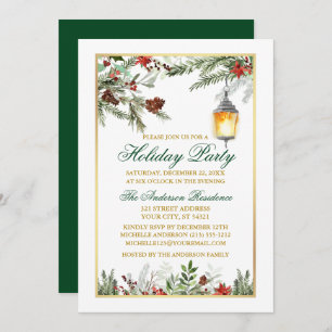 Invitación Watercolor Pines Poinsettia Gold Holiday Party