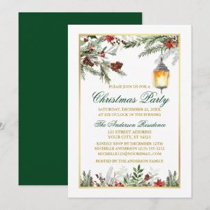 Invitación Watercolor Pines Poinsettia Gold Navidades Fiesta