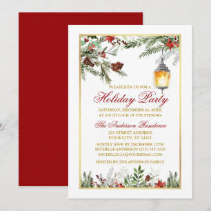 Invitación Watercolor Pines Poinsettia Holiday Party Gold