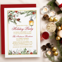 Watercolor Pines Poinsettia Holiday Party Gold