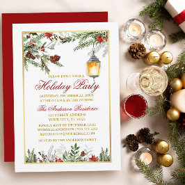 Invitación Watercolor Pines Poinsettia Holiday Party Gold