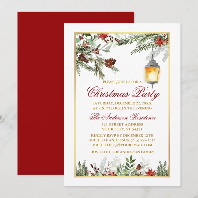 Invitación Watercolor Pines Poinsettia Navidades Fiesta Gold (Anverso / Reverso)