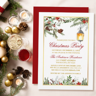 Invitación Watercolor Pines Poinsettia Navidades Fiesta Gold