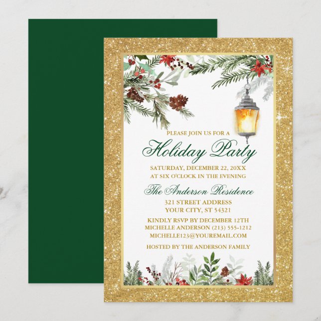 Invitación Watercolor Pines Poinsettia Purpurina Holiday Part (Anverso / Reverso)