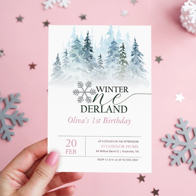 Invitación Watercolor Pinetree Winter Onderland 1st Birthday (Subido por el creador)