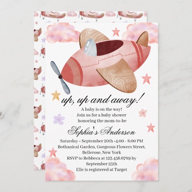 Invitación Watercolor Pink Airplane Baby Shower Invitation (Anverso / Reverso)