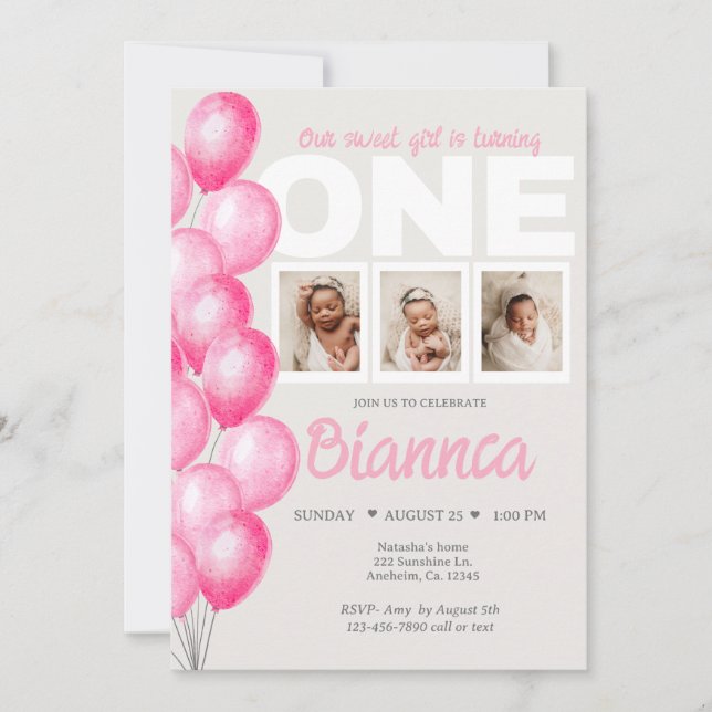 Invitación Watercolor Pink Balloon Photo First Birday (Anverso)
