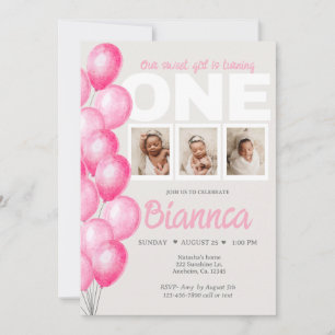 Invitación Watercolor Pink Balloon Photo First Birday
