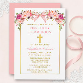 Invitación Watercolor Pink Blush Floral Bow Communion