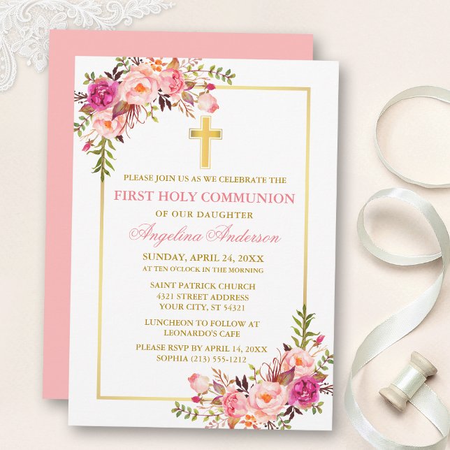Invitación Watercolor Pink Blush Floral Communion Gold (Customize to change text color, size, style or to change color of back of card.)