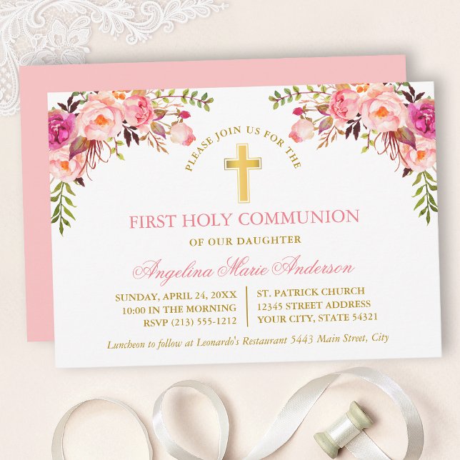 Invitación Watercolor Pink Blush Floral Gold Communion (Customize to change text color, text style or color of back of card.)