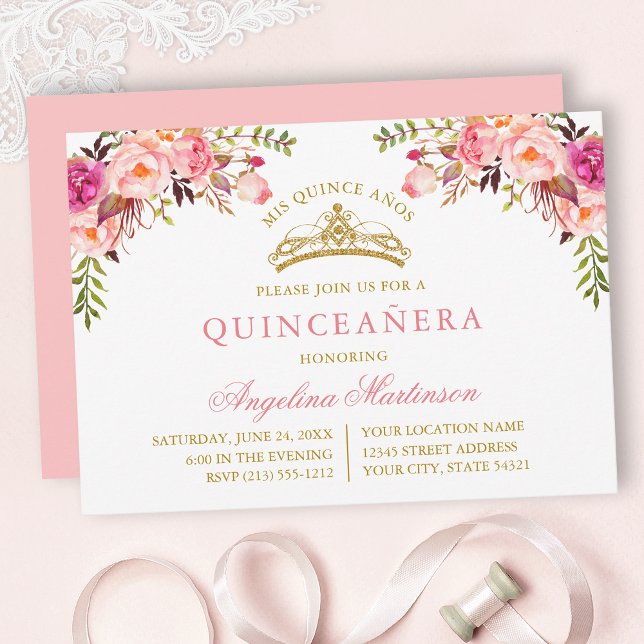 Invitación Watercolor Pink Blush Floral Gold Quinceanera (Customize to change text color, text style or color of back of card.)