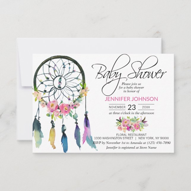 Invitación Watercolor Pink Boho Dreamcatcher Baby Shower (Anverso)