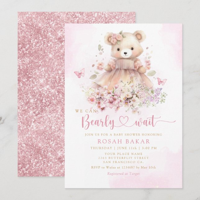 Invitación Watercolor Pink Boho Teddy Bear Chica Baby Shower (Anverso / Reverso)