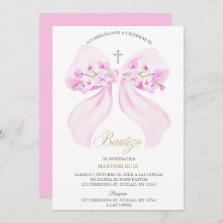 Invitación Watercolor Pink Bow Floral Girl Baptism