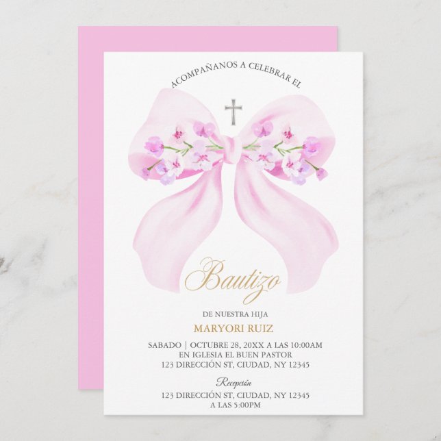 Invitación Watercolor Pink Bow Floral Girl Baptism (Anverso / Reverso)